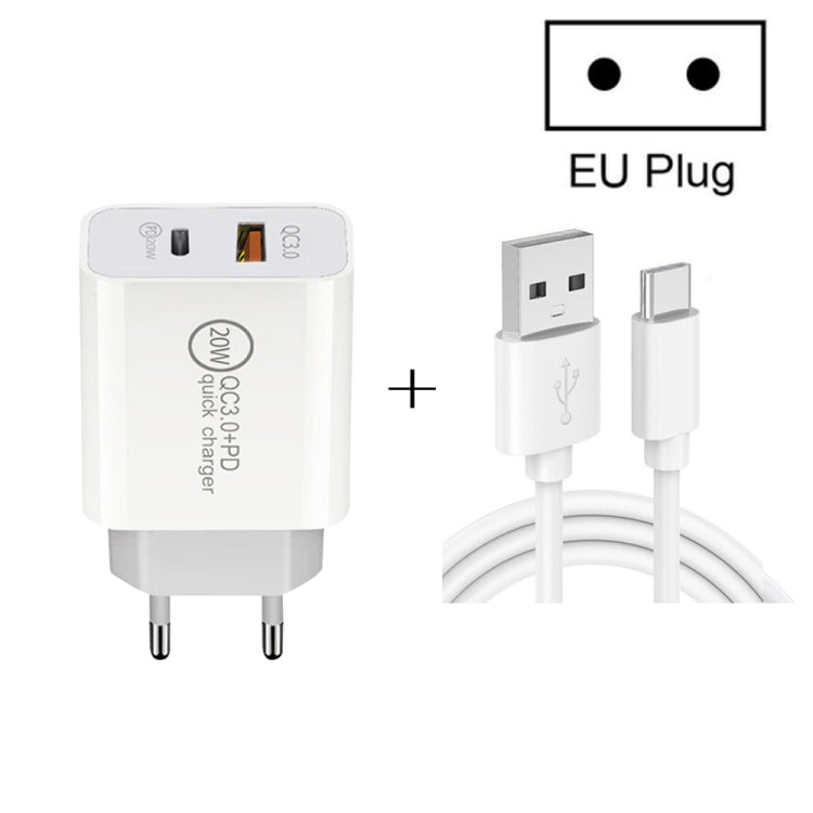 20W PD Type-C + QC 3.0 USB Interface Fast Charging Travel Charger with USB to Type-C Fast Charge Data Cable, EU Plug, US Plug, AU Plug