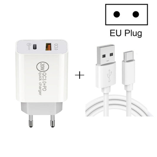 20W PD Type-C + QC 3.0 USB Interface Fast Charging Travel Charger with USB to Type-C Fast Charge Data Cable, EU Plug, US Plug, AU Plug