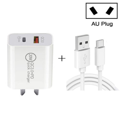 20W PD Type-C + QC 3.0 USB Interface Fast Charging Travel Charger with USB to Type-C Fast Charge Data Cable, EU Plug, US Plug, AU Plug