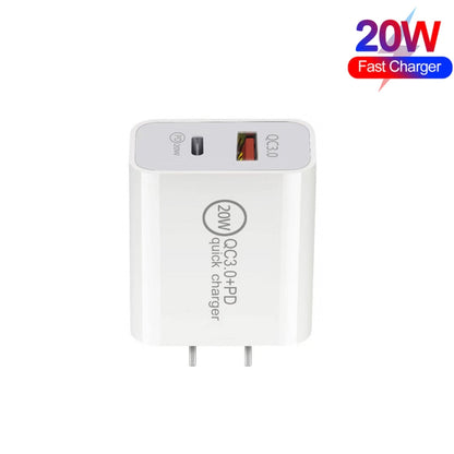 20W PD Type-C + QC 3.0 USB Interface Fast Charging Travel Charger with USB-C / Type-C to Type-C Fast Charge Data Cable