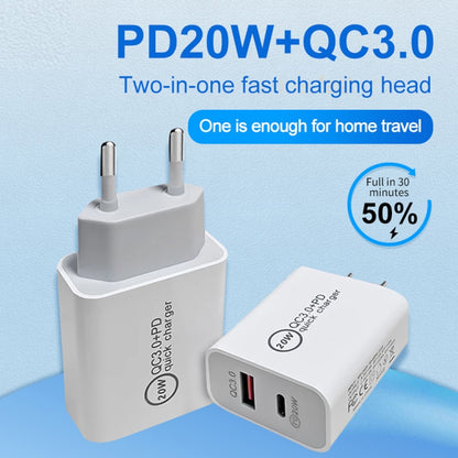20W PD Type-C + QC 3.0 USB Interface Fast Charging Travel Charger with USB-C / Type-C to Type-C Fast Charge Data Cable