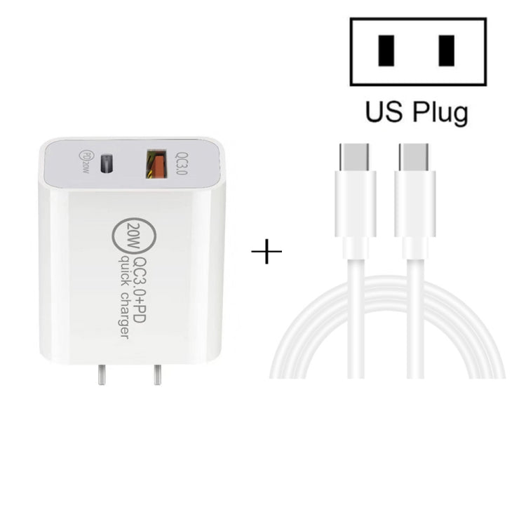 20W PD Type-C + QC 3.0 USB Interface Fast Charging Travel Charger with USB-C / Type-C to Type-C Fast Charge Data Cable