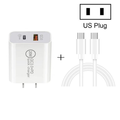 20W PD Type-C + QC 3.0 USB Interface Fast Charging Travel Charger with USB-C / Type-C to Type-C Fast Charge Data Cable