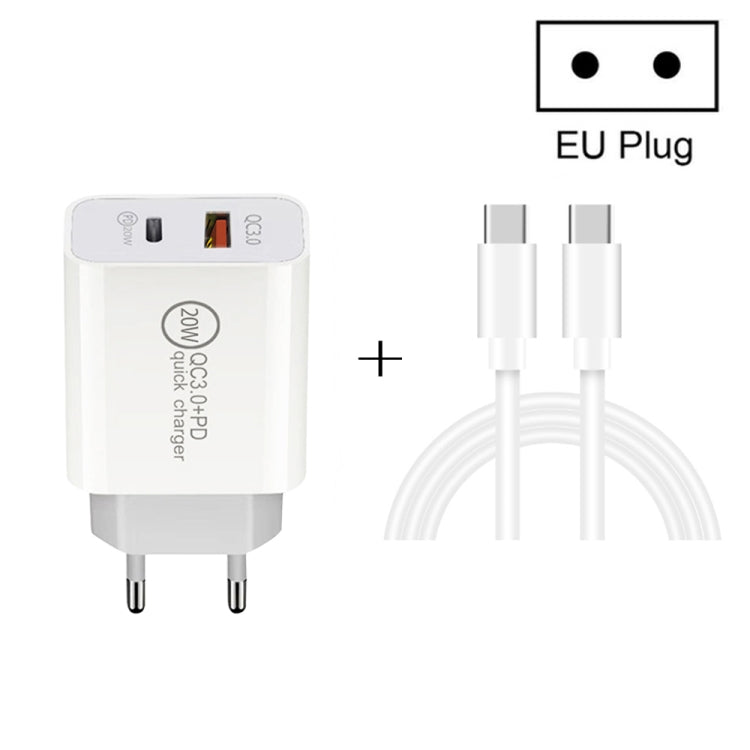 20W PD Type-C + QC 3.0 USB Interface Fast Charging Travel Charger with USB-C / Type-C to Type-C Fast Charge Data Cable