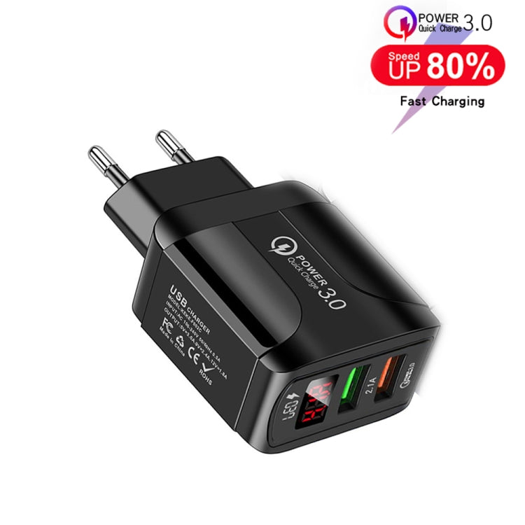F002C QC3.0 USB + USB 2.0 Fast Charger with LED Digital Display for Mobile Phones and Tablets, EU Plug, EU Plug
