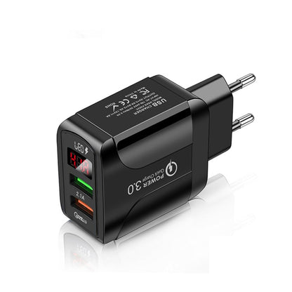 F002C QC3.0 USB + USB 2.0 Fast Charger with LED Digital Display for Mobile Phones and Tablets, EU Plug, EU Plug