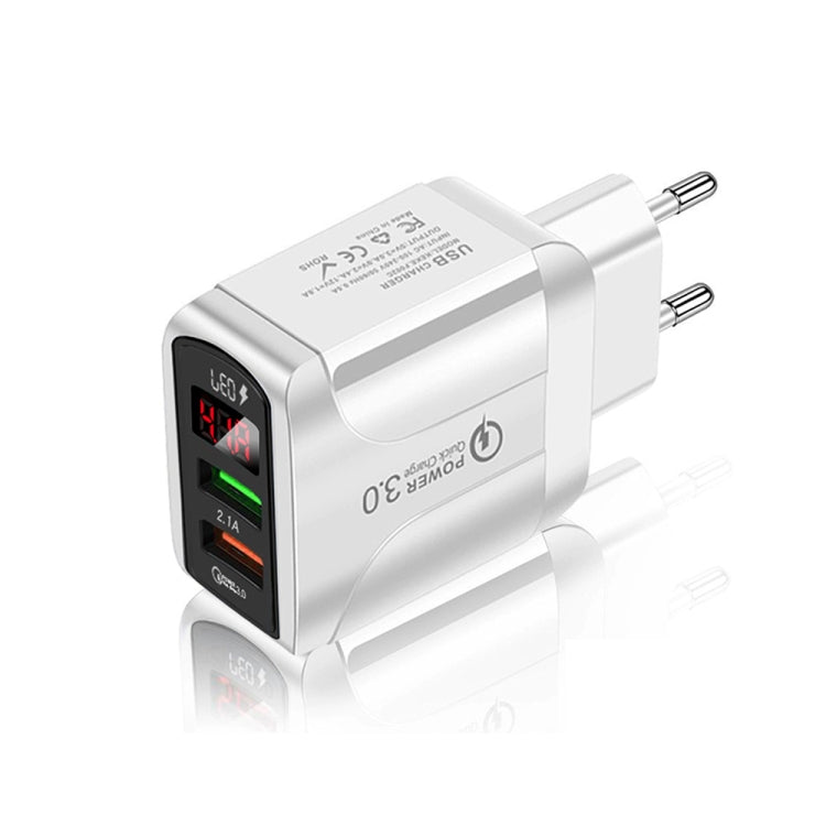 F002C QC3.0 USB + USB 2.0 Fast Charger with LED Digital Display for Mobile Phones and Tablets, EU Plug, EU Plug