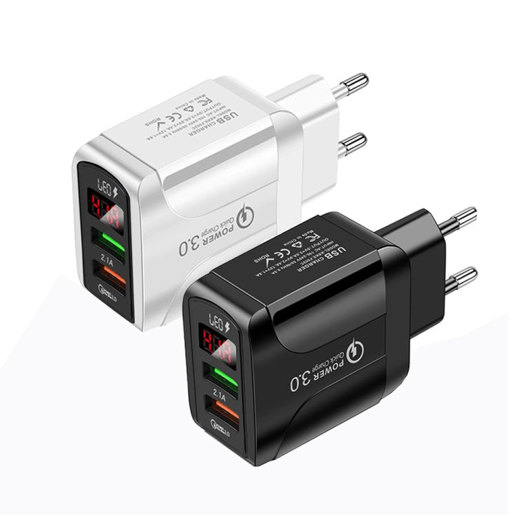 F002C QC3.0 USB + USB 2.0 Fast Charger with LED Digital Display for Mobile Phones and Tablets, EU Plug, EU Plug