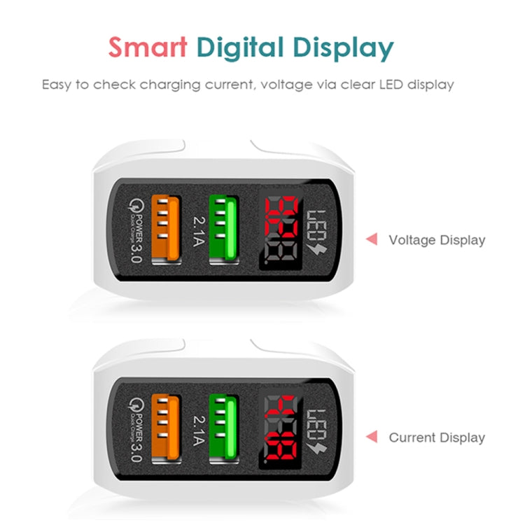 F002C QC3.0 USB + USB 2.0 Fast Charger with LED Digital Display for Mobile Phones and Tablets, UK Plug, UK Plug