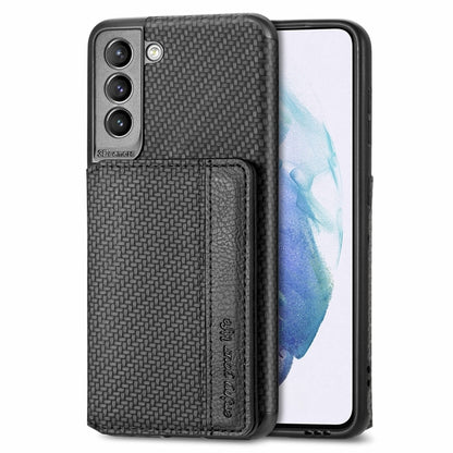 Carbon Fiber Magnetic Card Bag TPU+PU Shockproof Back Cover Case with Holder & Card Slot & Photo Frame