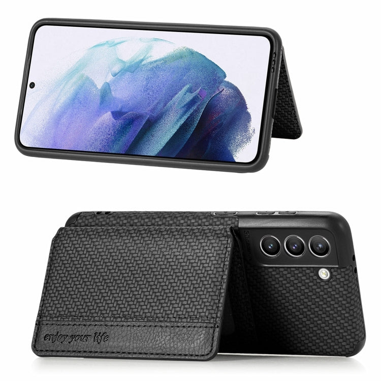 Carbon Fiber Magnetic Card Bag TPU+PU Shockproof Back Cover Case with Holder & Card Slot & Photo Frame