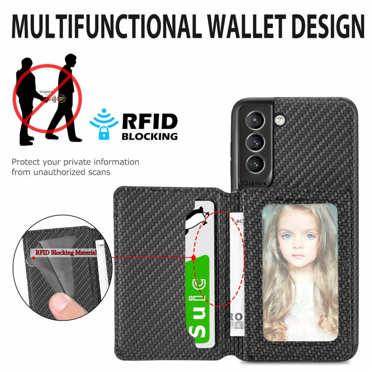 Carbon Fiber Magnetic Card Bag TPU+PU Shockproof Back Cover Case with Holder & Card Slot & Photo Frame