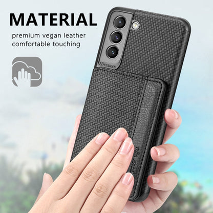 Carbon Fiber Magnetic Card Bag TPU+PU Shockproof Back Cover Case with Holder & Card Slot & Photo Frame