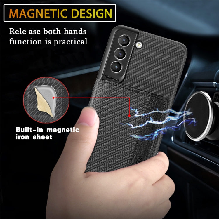 Carbon Fiber Magnetic Card Bag TPU+PU Shockproof Back Cover Case with Holder & Card Slot & Photo Frame