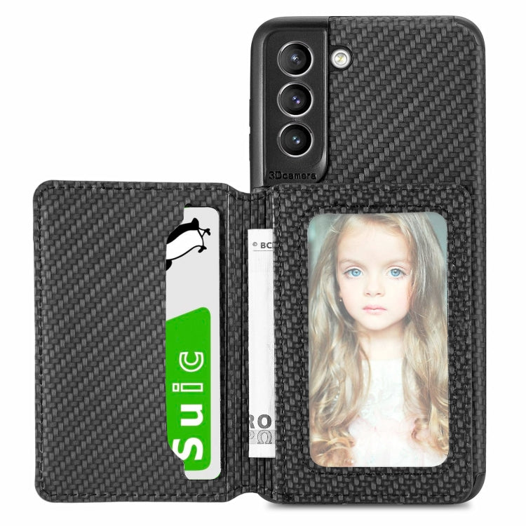 Carbon Fiber Magnetic Card Bag TPU+PU Shockproof Back Cover Case with Holder & Card Slot & Photo Frame, For Samsung Galaxy S21 5G, For Samsung Galaxy S21+ 5G