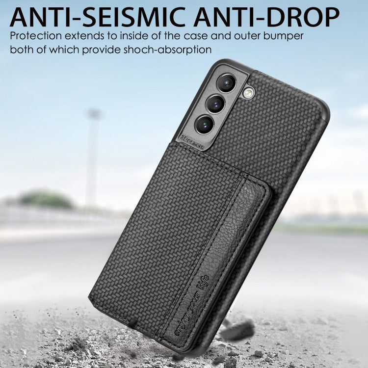 Carbon Fiber Magnetic Card Bag TPU+PU Shockproof Back Cover Case with Holder & Card Slot & Photo Frame, For Samsung Galaxy S21 5G, For Samsung Galaxy S21+ 5G