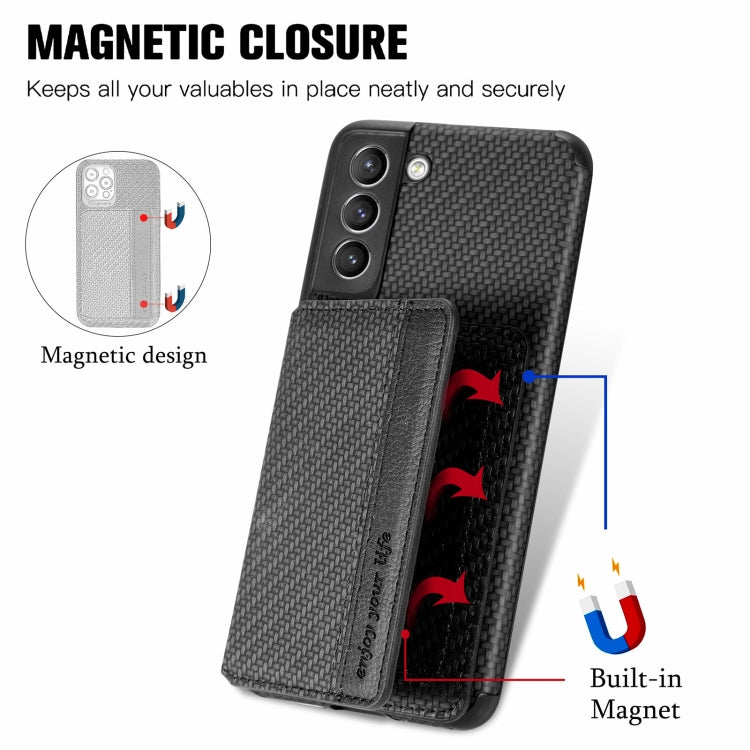 Carbon Fiber Magnetic Card Bag TPU+PU Shockproof Back Cover Case with Holder & Card Slot & Photo Frame, For Samsung Galaxy S21 5G, For Samsung Galaxy S21+ 5G