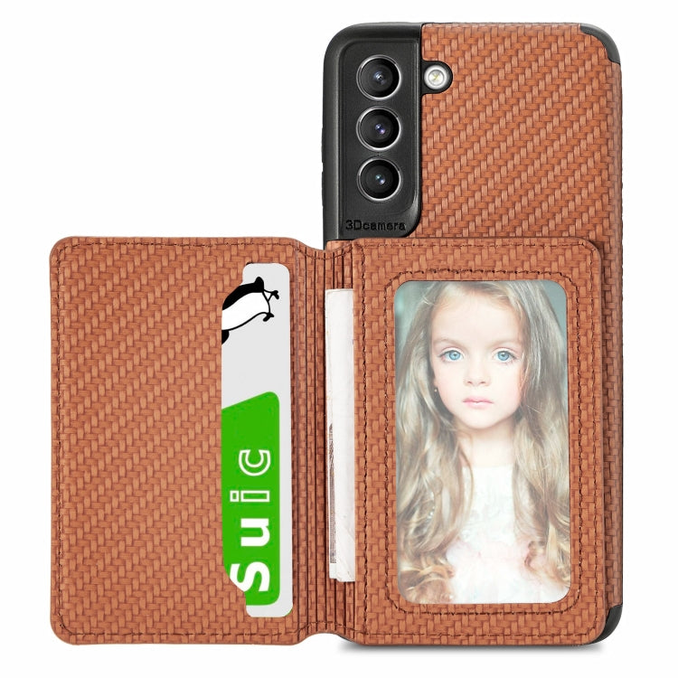 Carbon Fiber Magnetic Card Bag TPU+PU Shockproof Back Cover Case with Holder & Card Slot & Photo Frame