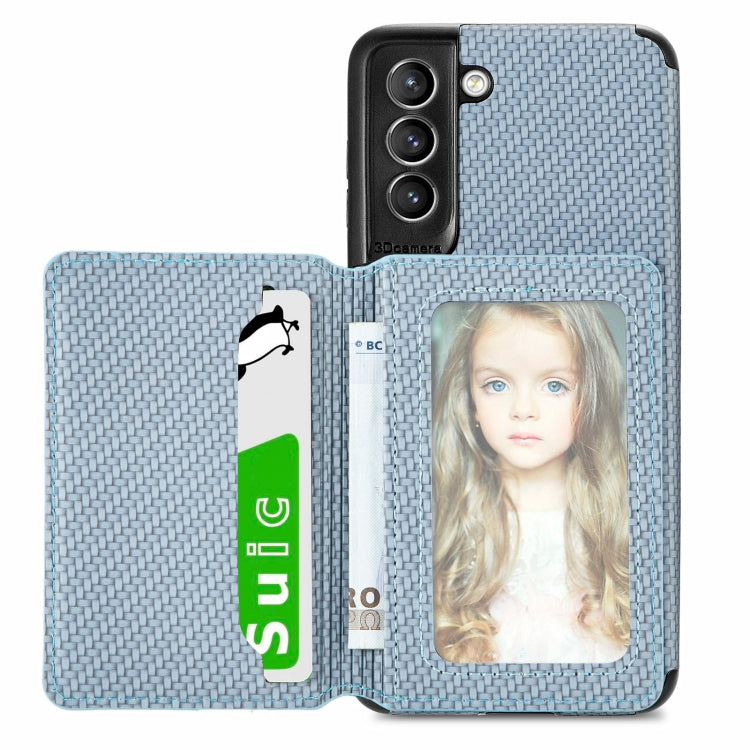 Carbon Fiber Magnetic Card Bag TPU+PU Shockproof Back Cover Case with Holder & Card Slot & Photo Frame