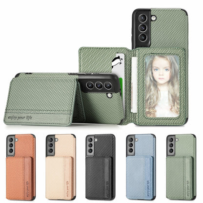 Carbon Fiber Magnetic Card Bag TPU+PU Shockproof Back Cover Case with Holder & Card Slot & Photo Frame