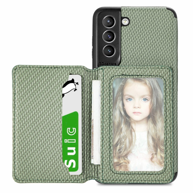 Carbon Fiber Magnetic Card Bag TPU+PU Shockproof Back Cover Case with Holder & Card Slot & Photo Frame, For Samsung Galaxy S21 5G, For Samsung Galaxy S21+ 5G