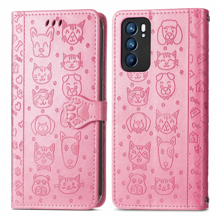 Cute Cat and Dog Embossed Horizontal Flip Leather Case with Holder & Card Slots & Wallet & Lanyard, For OPPO Reno6 5G