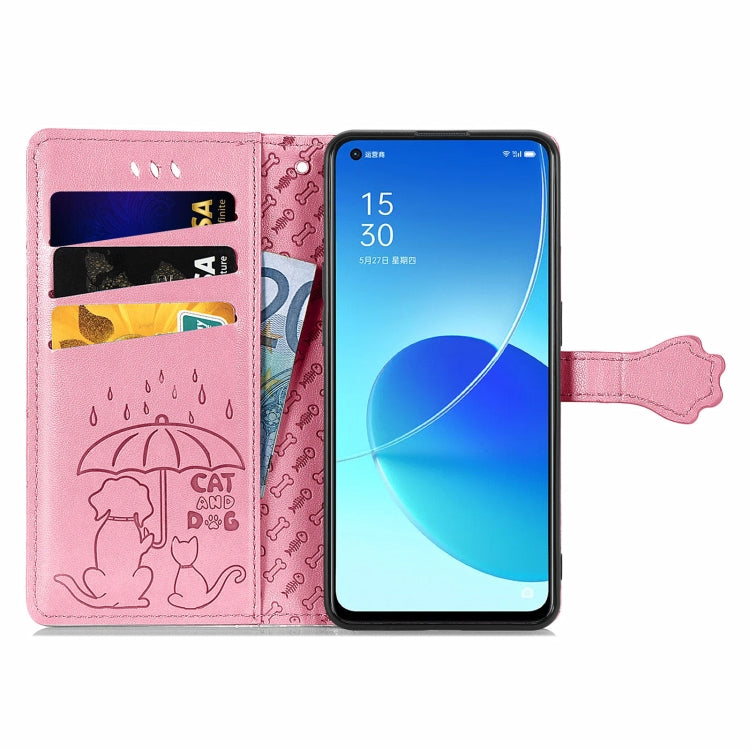 Cute Cat and Dog Embossed Horizontal Flip Leather Case with Holder & Card Slots & Wallet & Lanyard, For OPPO Reno6 5G