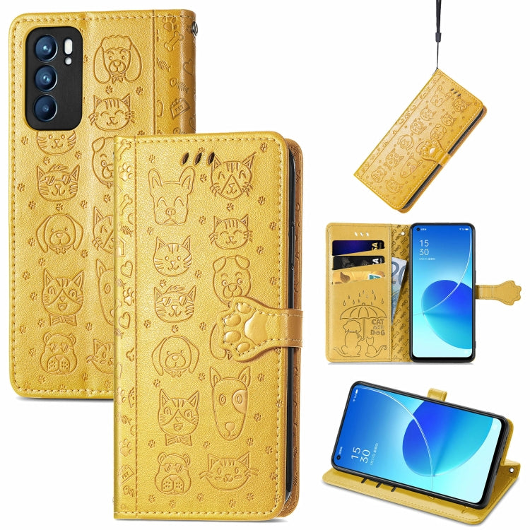 Cute Cat and Dog Embossed Horizontal Flip Leather Case with Holder & Card Slots & Wallet & Lanyard, For OPPO Reno6 5G
