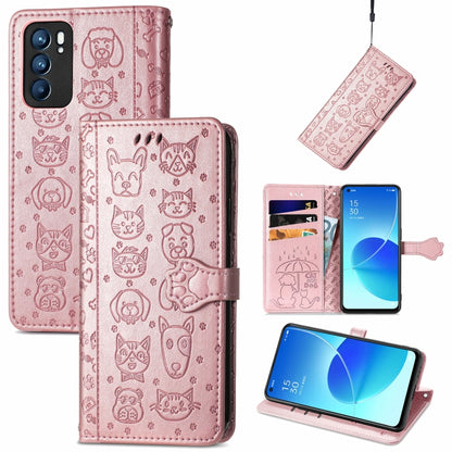 Cute Cat and Dog Embossed Horizontal Flip Leather Case with Holder & Card Slots & Wallet & Lanyard, For OPPO Reno6 5G