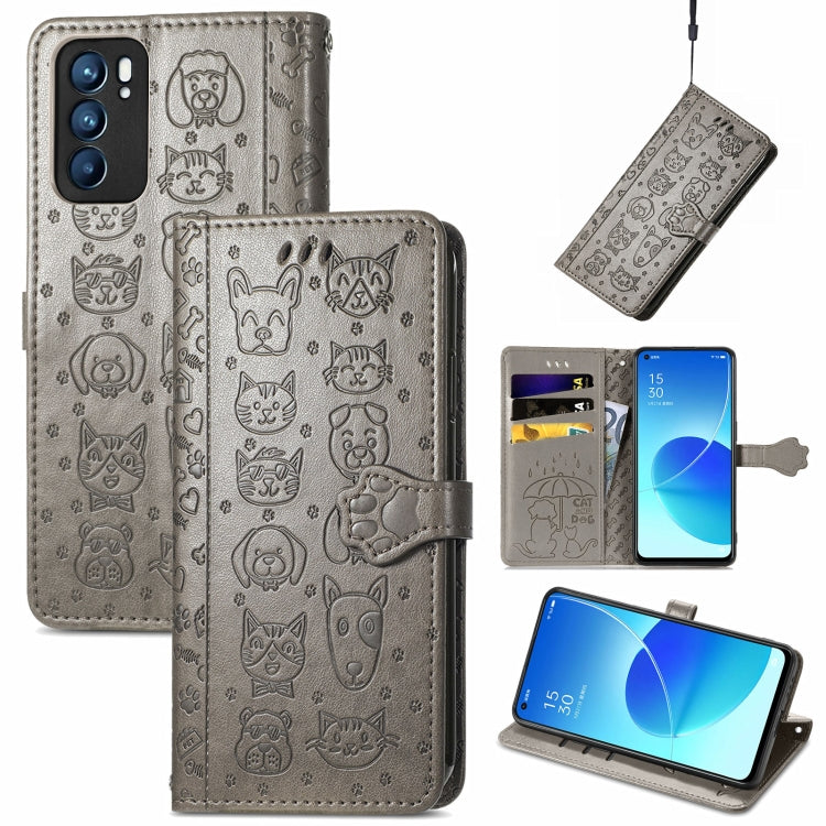 Cute Cat and Dog Embossed Horizontal Flip Leather Case with Holder & Card Slots & Wallet & Lanyard, For OPPO Reno6 5G
