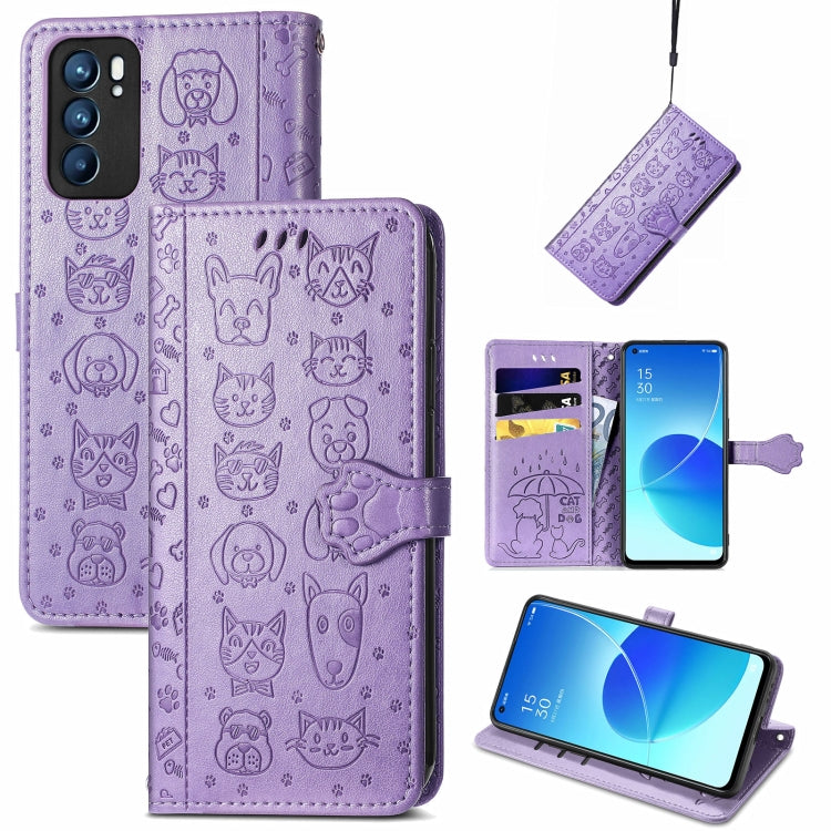 Cute Cat and Dog Embossed Horizontal Flip Leather Case with Holder & Card Slots & Wallet & Lanyard, For OPPO Reno6 5G