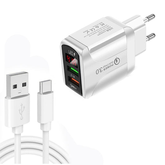 F002C QC3.0 USB + USB 2.0 LED Digital Display Fast Charger with USB to Type-C Data Cable, EU Plug, EU Plug +  Type-C Cable