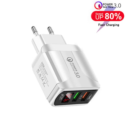 F002C QC3.0 USB + USB 2.0 LED Digital Display Fast Charger with USB to Type-C Data Cable, EU Plug, EU Plug +  Type-C Cable