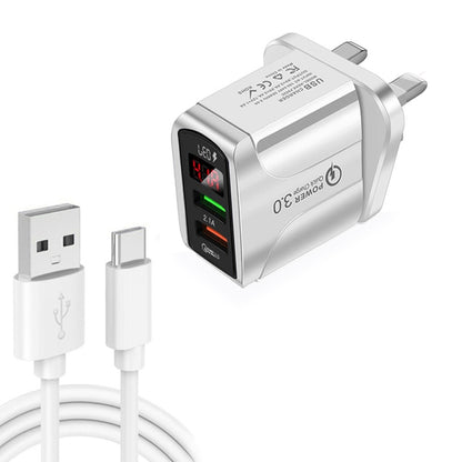 F002C QC3.0 USB + USB 2.0 LED Digital Display Fast Charger with USB to Type-C Data Cable, UK Plug, UK Plug +  Type-C Cable