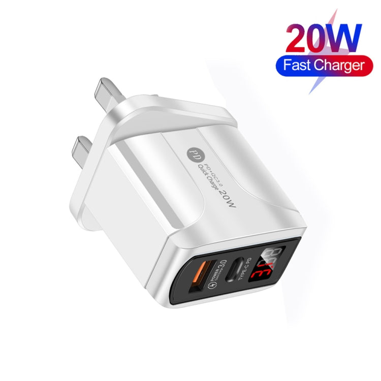 F002C QC3.0 USB + USB 2.0 LED Digital Display Fast Charger with USB to Type-C Data Cable, UK Plug, UK Plug +  Type-C Cable
