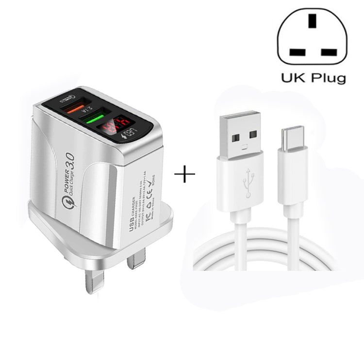 F002C QC3.0 USB + USB 2.0 LED Digital Display Fast Charger with USB to Type-C Data Cable, UK Plug, UK Plug +  Type-C Cable