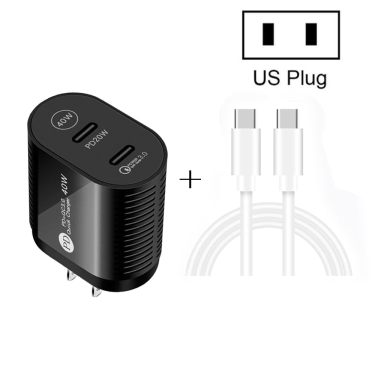 40W Dual Port PD / Type-C Fast Charger with Type-C to Type-C Data Cable, US Plug, US Plug + Type-C to Type-C Cable