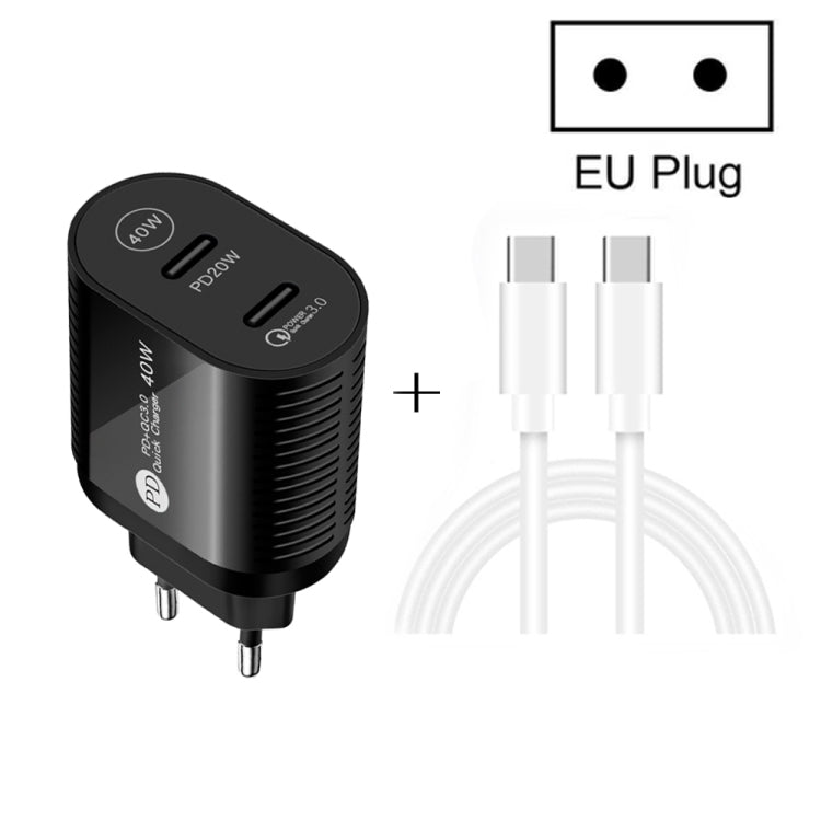 40W Dual Port PD / Type-C Fast Charger with Type-C to Type-C Data Cable, EU Plug, EU Plug + Type-C to Type-C Cable