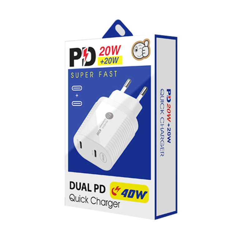 40W Dual Port PD / Type-C Fast Charger with Type-C to Type-C Data Cable, EU Plug, EU Plug + Type-C to Type-C Cable