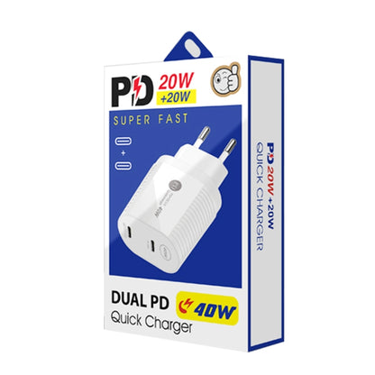 40W Dual Port PD / Type-C Fast Charger with Type-C to Type-C Data Cable, EU Plug, EU Plug + Type-C to Type-C Cable
