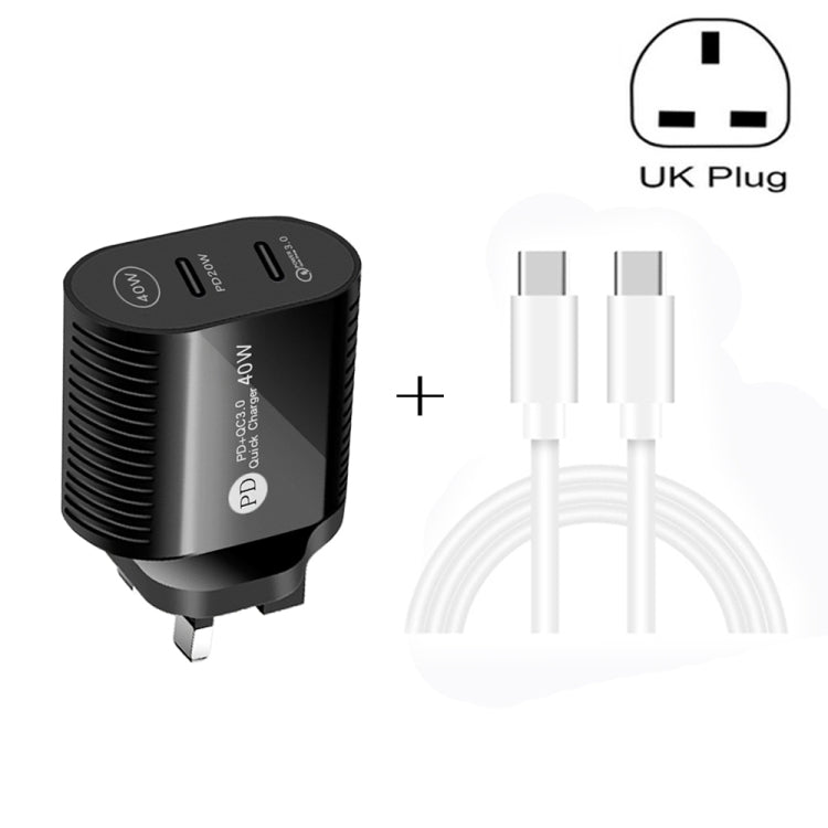 40W Dual Port PD / Type-C Fast Charger with Type-C to Type-C Data Cable, UK Plug, UK Plug + Type-C to Type-C Cable