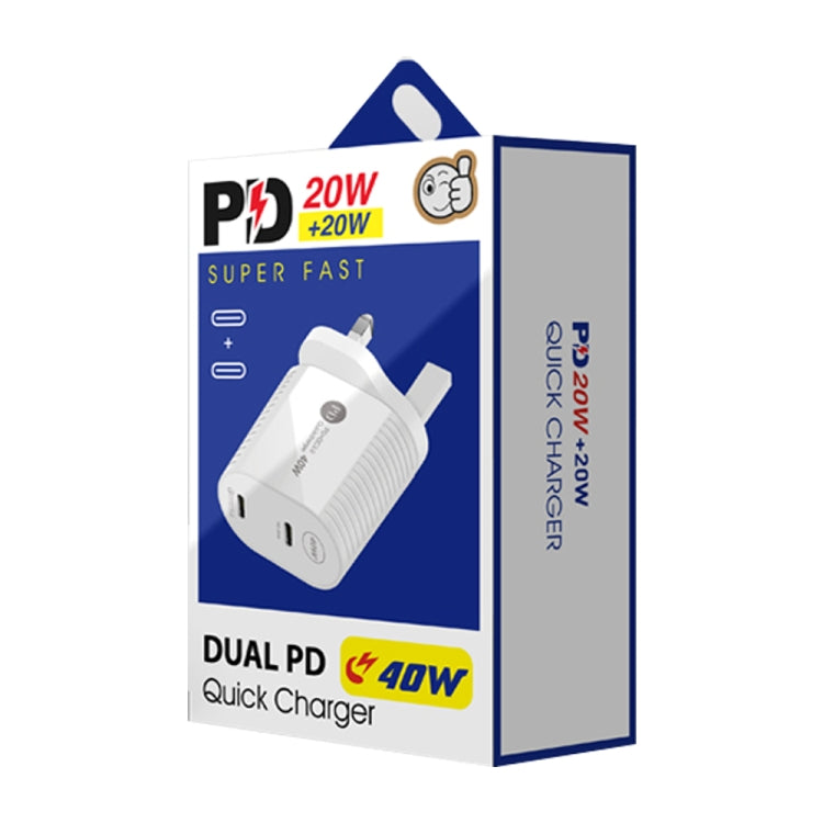 40W Dual Port PD / Type-C Fast Charger with Type-C to Type-C Data Cable, UK Plug, UK Plug + Type-C to Type-C Cable