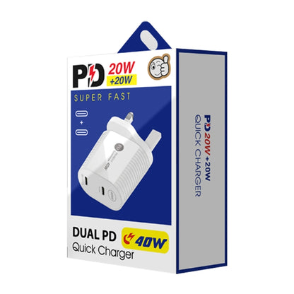 40W Dual Port PD / Type-C Fast Charger with Type-C to Type-C Data Cable, UK Plug, UK Plug + Type-C to Type-C Cable
