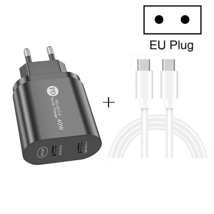 002 40W PD3.0 Dual Port USB-C / Type-C Charger with Type-C to Type-C Data Cable, EU Plug, EU Plug + Type-C to Type-C Cable
