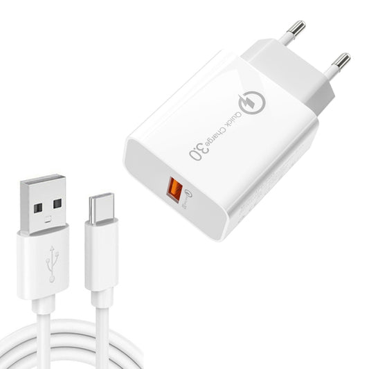 APD-2003 18W QC3.0 Single Port USB Charger with 1m USB to Type-C Data Cable, EU Plug + USB to Type-C Cable, US Plug + USB to Type-C Cable