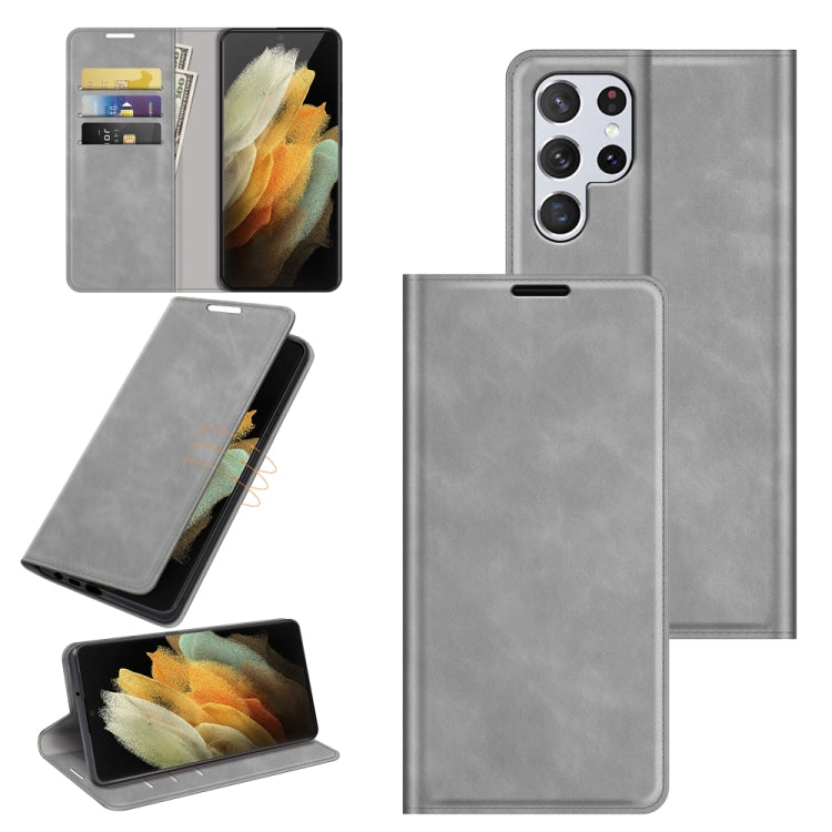 For Samsung Galaxy S22 Ultra 5G Retro-skin Business Magnetic Suction Leather Case with Holder & Card Slots & Wallet