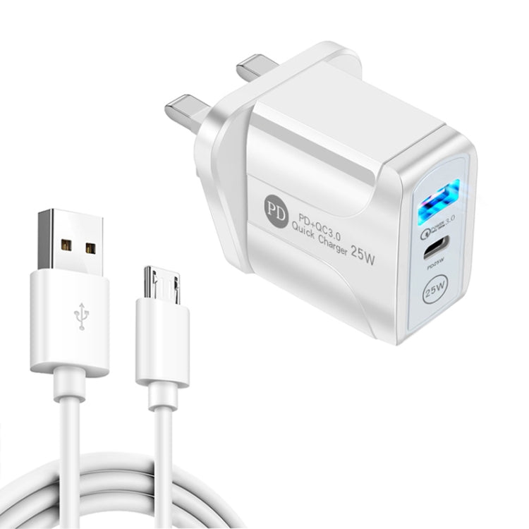 PD25W USB-C / Type-C + QC3.0 USB Dual Ports Fast Charger with USB to Micro USB Data Cable, UK Plug, UK Plug + USB to Micro USB Cable