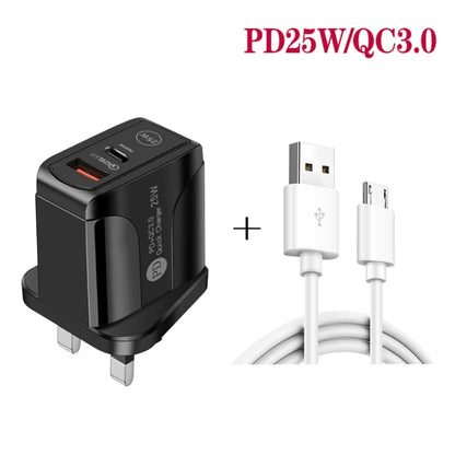 PD25W USB-C / Type-C + QC3.0 USB Dual Ports Fast Charger with USB to Micro USB Data Cable, UK Plug, UK Plug + USB to Micro USB Cable