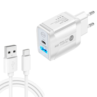 PD25W USB-C / Type-C + QC3.0 USB Dual Ports Fast Charger with USB to Type-C Data Cable, EU Plug, EU Plug + USB to Type-C Cable