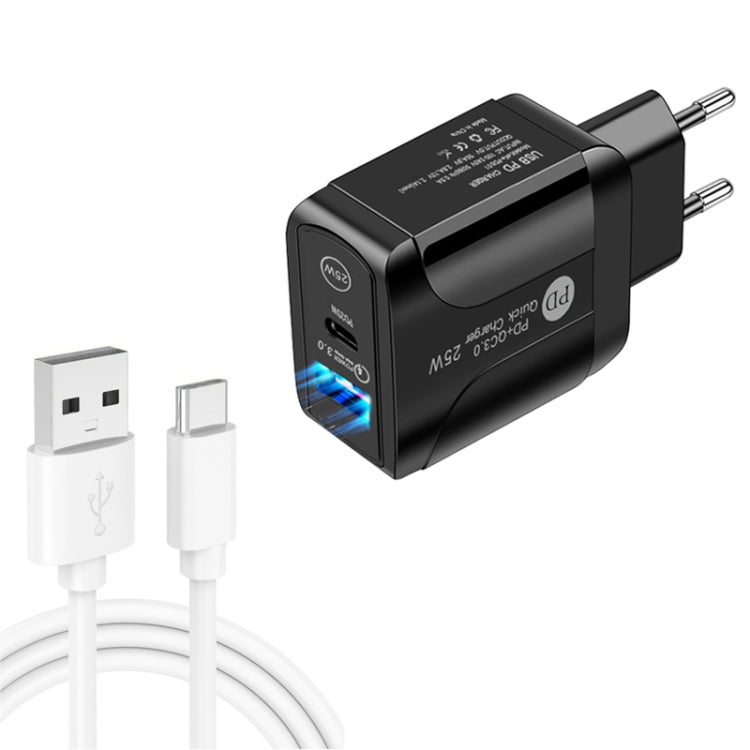 PD25W USB-C / Type-C + QC3.0 USB Dual Ports Fast Charger with USB to Type-C Data Cable, EU Plug, EU Plug + USB to Type-C Cable